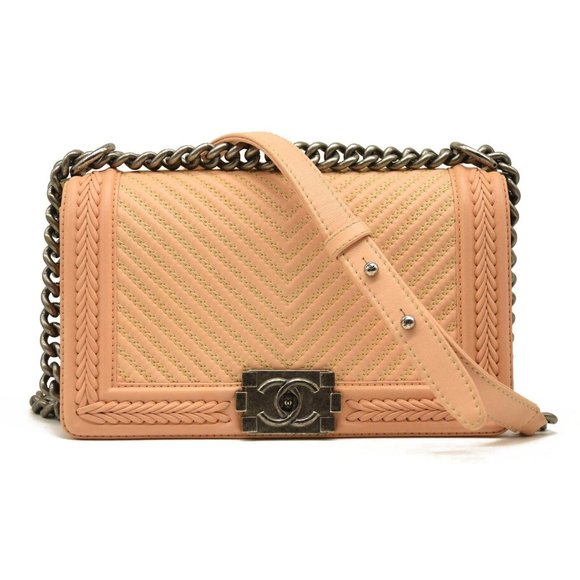 CHANEL Calfskin Chevron Quilted Medium Braided Boy Flap Beige - Picture 1 of 15